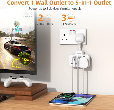 Double Plug Adaptor with USB, 2 Way Wall Adapter with Short Extension Lead, Multi Plug Socket Extender For Home Office (White)