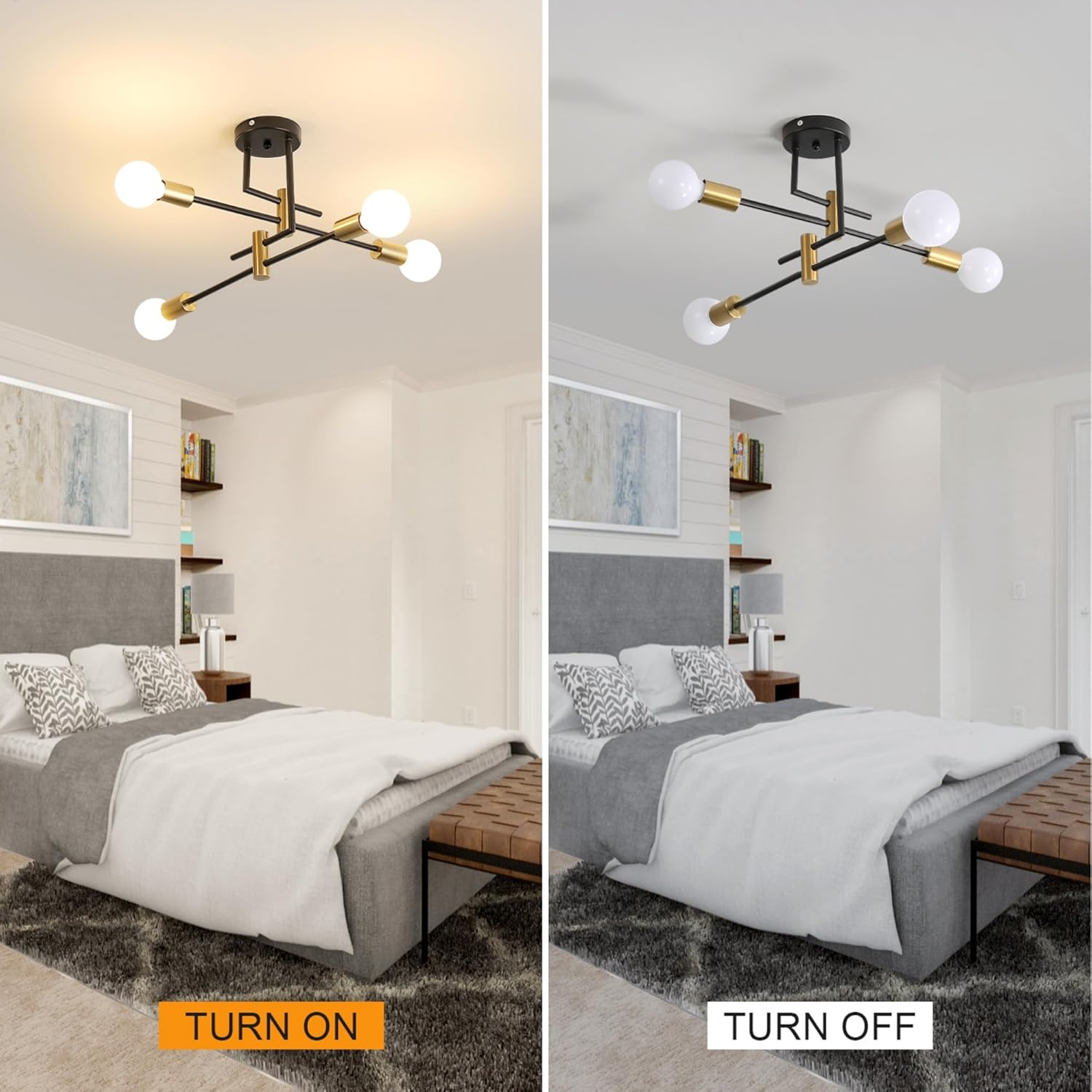 Modern ceiling light fixture shown in a bedroom setting with 'Turn On' and 'Turn Off' labels.