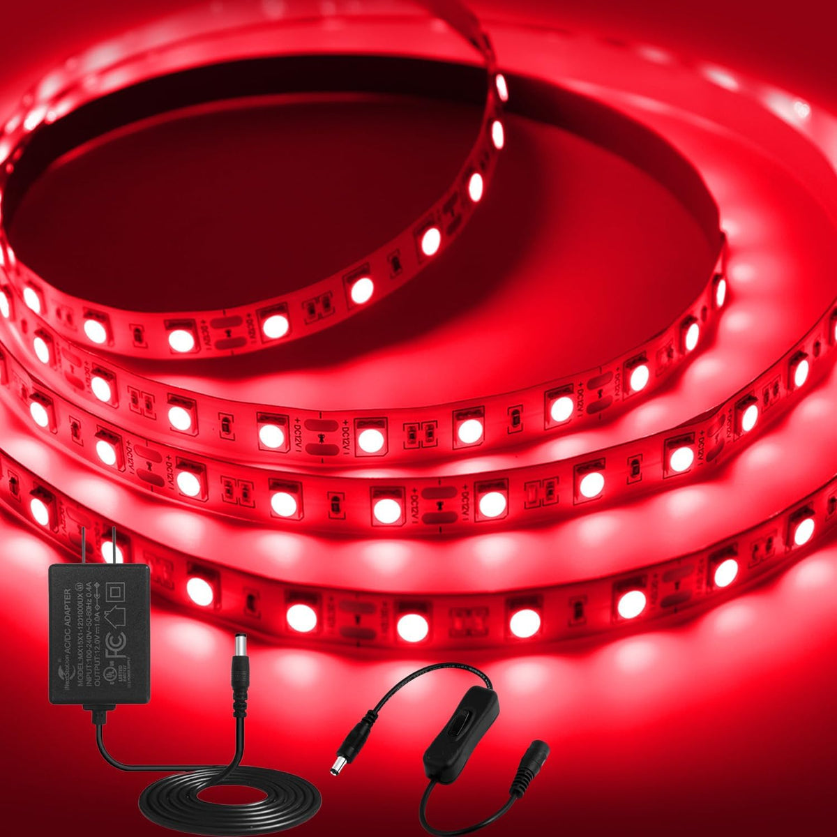 12V Red LED Strip Light 5M with Plug, 300 LED SMD5050 Flexible Cuttable Dimmable Tape Light for Bedroom, TV Backlight, Party & Indoor Decoration
