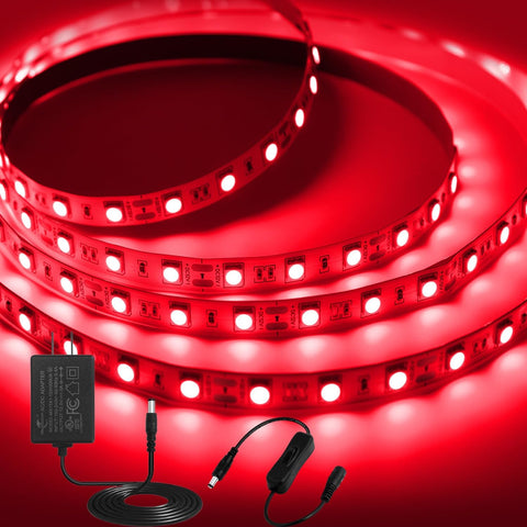 12V Red LED Strip Light 5M with Plug, 300 LED SMD5050 Flexible Cuttable Dimmable Tape Light for Bedroom, TV Backlight, Party & Indoor Decoration