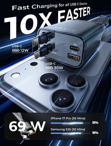 LISEN 69W Retractable Car Charger USB-C Fast Charging Adapter – Black