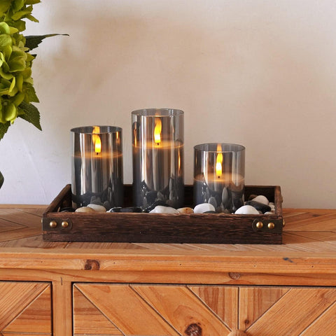 Real Wax LED Candles Flickering, Clear Glass Shell, Grey, Set of 3 500+ Hours Long Lasting Gothic Battery Operated Candles with Remote Control, Timer and Realistic 3D Wick for Halloween Party