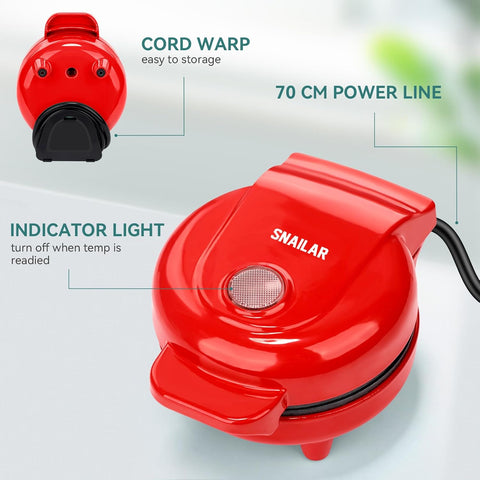 Snailar Mini Waffle Maker – 550W Compact Waffle Iron, Nonstick Coating, Ready Indicator Light, Cool Touch Handle, Easy Clean, Red