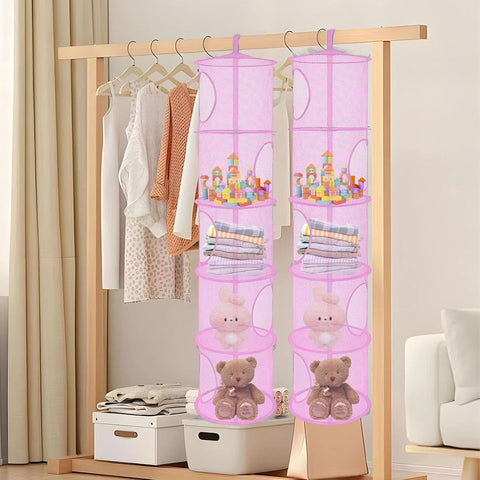 Hanging Mesh Storage Basket, 2 Pack, 5-Tier Foldable Toy Organiser in Pink – Make Room for More Play