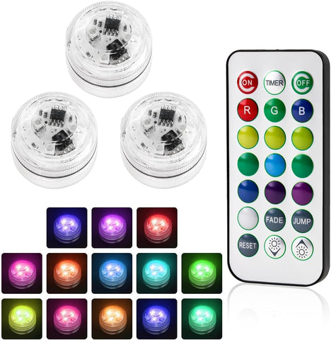 3 Pack Mini Submersible LED Lights – Waterproof RGB Underwater Lights with Remote Control, Adjustable Brightness & Timer for Pools, Aquariums, Fountains, Vases & Events