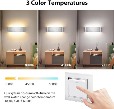 Indoor Led Wall Lights - 2 Pack 3000K/4500K/6000K Adjustable Color Temperature Wall Lights for Bedroom Living Room Kitchen Dining Room (Silvery-12 Inch, 2 Pack)