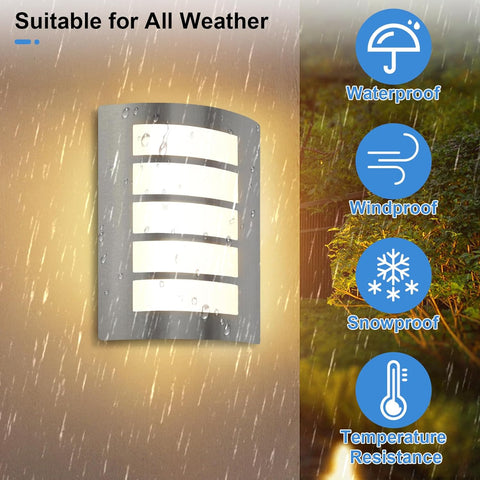 Outdoor wall light fixture with weather resistance features shown in rain and snow conditions.