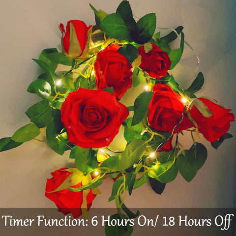 Rose Vine String Lights with Timer, 6.56ft Artificial Flower Garland LED Lights for Indoor Wedding, Party and Home Decoration