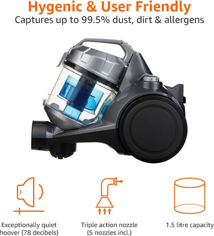 Amazon Basics 700W Bagless Cylinder Vacuum Cleaner with HEPA Filter – Compact & Lightweight Design for Hard Floors, Carpets & Cars (UK) – Black