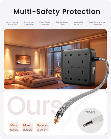 Extension Lead with USB C Port, 4 Way Outlets Power Strip with 1 USB-C and 3 USB Slots, Multi Power Plug Extension with 1.8M Braided Extension Cord for Home Office 3250W- Black