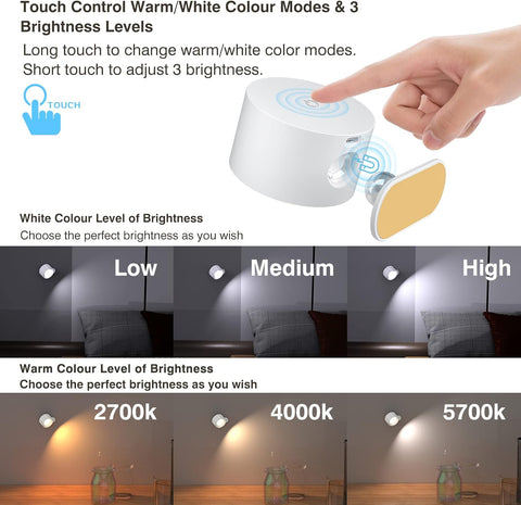LED Wall Lights with USB Charging Port 1 Pcs Reading Light, Dimmable Touch Control 3 Brightness Levels Wall Spotlights 360 Free Rotation Bedside Sconce Lamp for Bedroom White