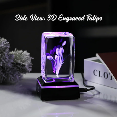 3D Crystal Tulip with Butterfly Keepsake and LED Light Base, Romantic Floral Gift for Her