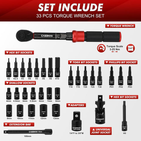 CASOMAN 33-Piece 1/4" Drive Torque Wrench Set 3–25Nm Click Torque Wrench Cr-V Steel 72-Tooth Dual Direction Bicycle Car Motorcycle Maintenance Tool Kit UK