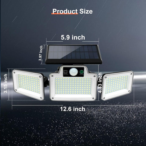 Measurement chart of a solar light fixture with dimensions labeled on a dark background.