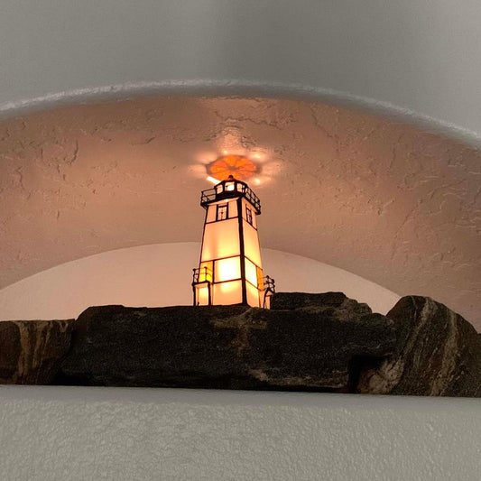 Lighthouse Table Lamp Tiffany Style Stained Glass Accent Night Light with Lookout Platforms for Bedside Bedroom L30727