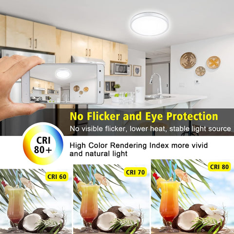 Kitchen scene with a light fixture, text about flicker-free lighting, and images of drinks with coconuts.