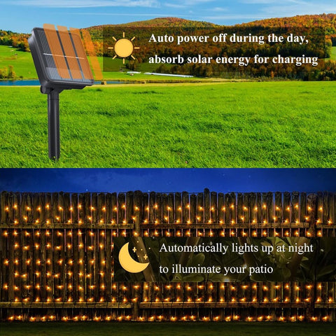 6M Solar Icicle Lights 300 LED Warm White – Outdoor Christmas Curtain Lights with Remote, 8 Modes & Timer - Turn Dark Evenings Into a Festive Glow