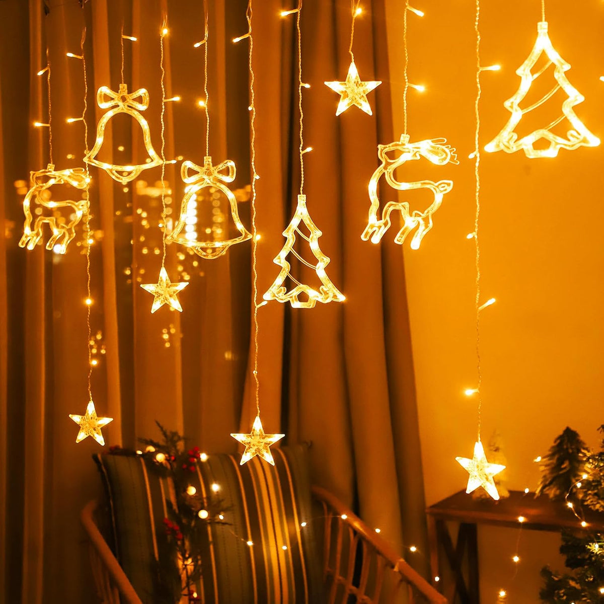 3.5m LED Christmas Curtain Lights – 120 Warm White Fairy LEDs with Hanging Stars, Reindeer, Bells & Trees - Turn Your Windows into a Little Christmas Wonderland