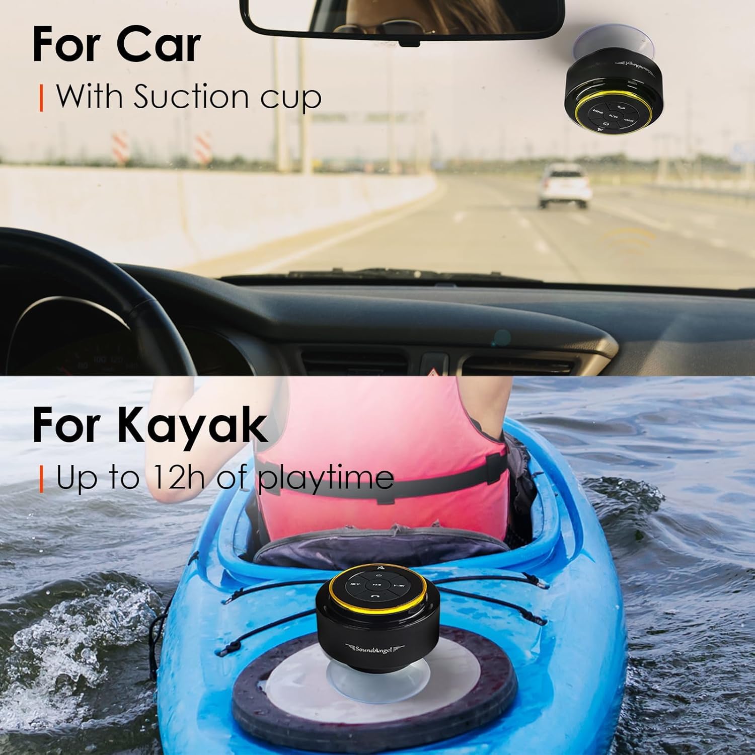 Car-mounted device with suction cup for kayaking, shown in a car and kayak setting.