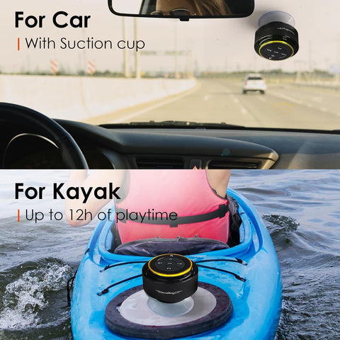 Car-mounted device with suction cup for kayaking, shown in a car and kayak setting.