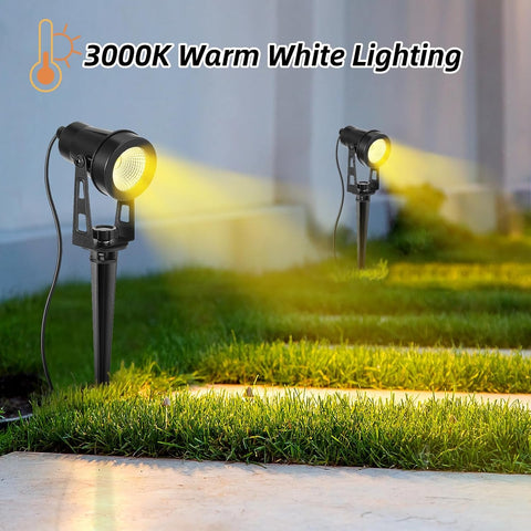 Garden Spotlights Mains, 14 M, 4-in-1 Outdoor LED Spotlight, Warm White, 3000 K, 12 V, IP65 Waterproof Garden Uplighter, Landscape Floodlight for Patio, Party, Outdoor, Trees, Lawn