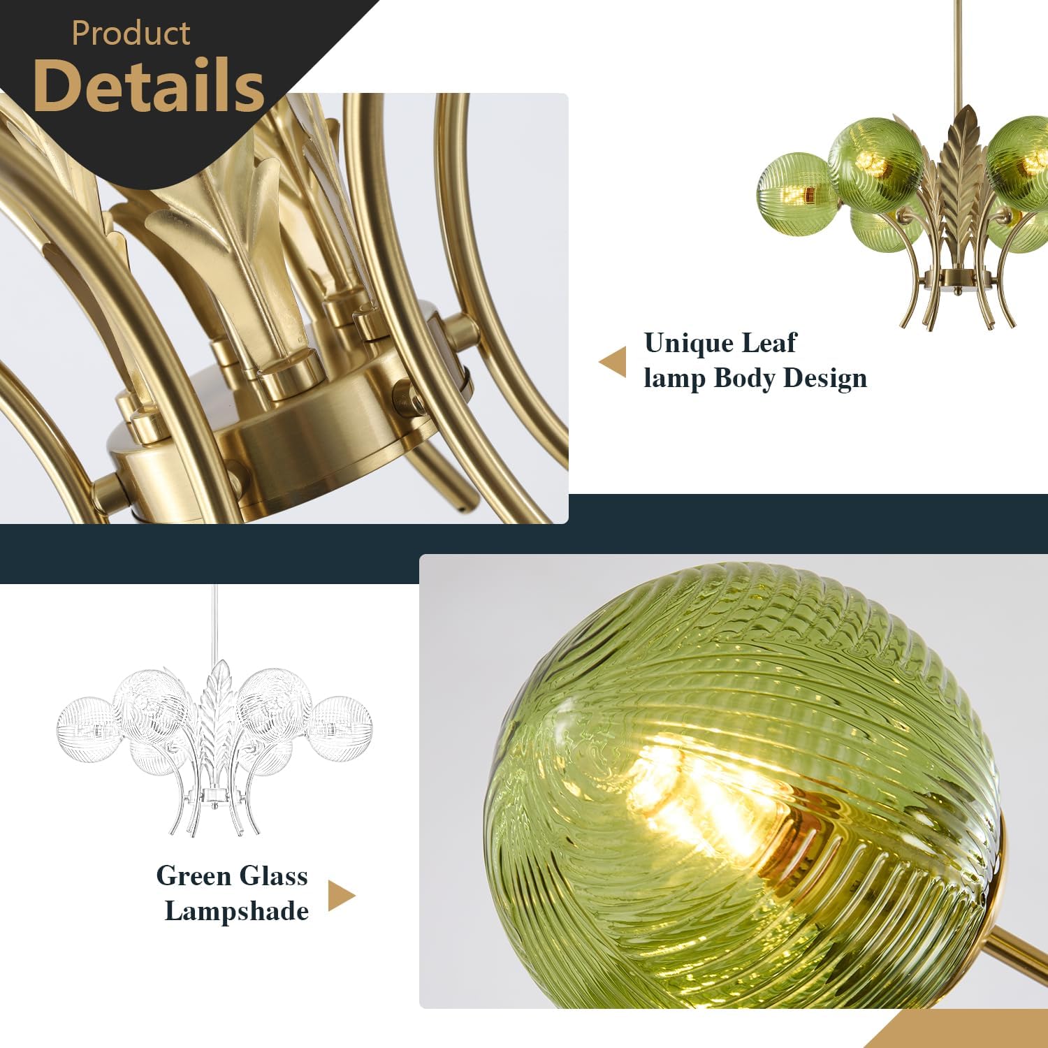 Chandelier with green glass lampshade and gold accents, featuring product details.