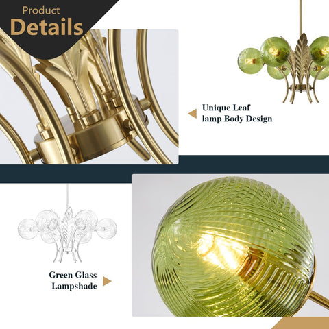 Chandelier with green glass lampshade and gold accents, featuring product details.
