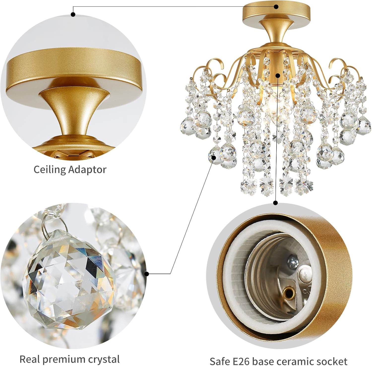 Chandelier components including a ceiling adaptor, crystal, and safe E26 base ceramic socket on a white background.