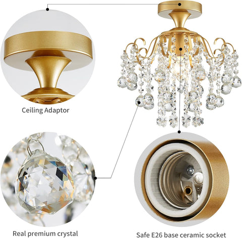 Chandelier components including a ceiling adaptor, crystal, and safe E26 base ceramic socket on a white background.