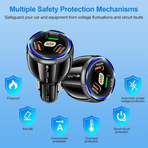 90W 3-Port USB C Fast Car Charger Adapter