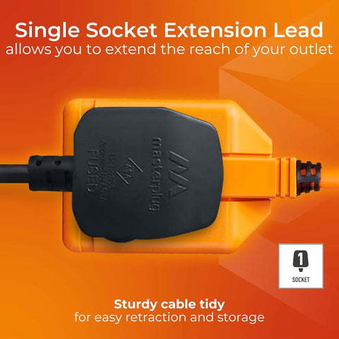 Masterplug One Socket Single Outdoor Extension Lead, 15 Metre Cable, Cable Tidy, Unswitched, Heavy Duty, Rewireable, 1-Way Plug Extension Cable, Orange, 13A, 1G, 15m, CT1513