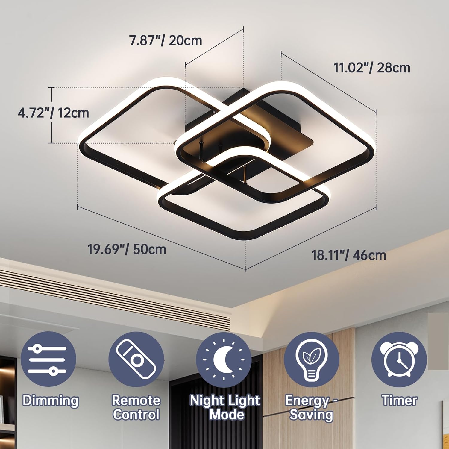 Ceiling light fixture with dimensions and feature icons on a white background