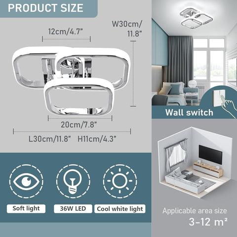 Ceiling light fixture with dimensions and features, including LED lighting and cool white light, in a home setting.