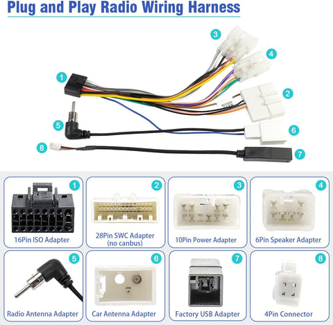 Jayubien 16Pin Android Radio Wire Harness Kit Replacement for 2012-Above Toyota Camry RAV4 Corolla Yaris Stereo Wiring Adapter with 28Pin SWC Connector Antenna USB Cord Non JBL
