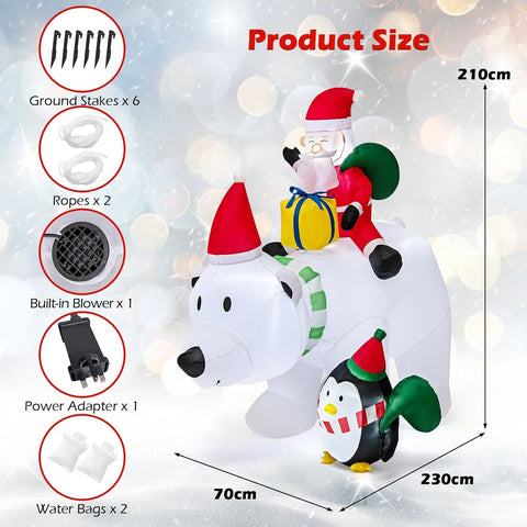 210CM Inflatable Christmas Polar Bear with Santa & Penguin – White