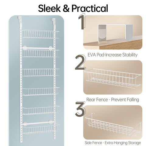 Delamu 8-Tier Over Door Storage Organiser, Adjustable Metal Pantry Shelves, Hanging Spice Rack for Kitchen, Bathroom & Laundry, White