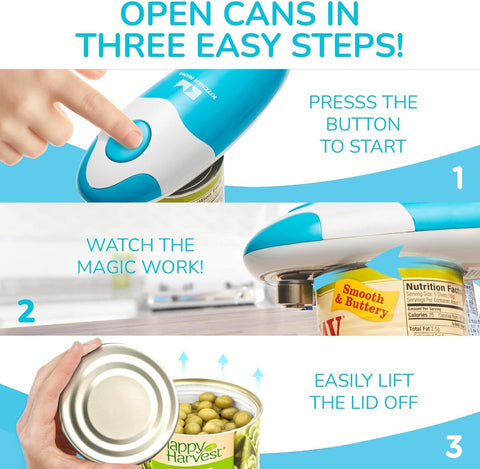 Kitchen Mama Electric Can Opener – Hands-Free Automatic, Smooth Edge, Battery Operated, One-Touch Button, Food-Safe – Sky Blue
