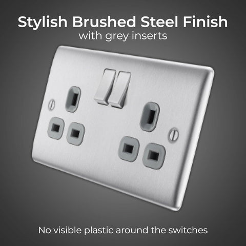 Double Switched Brushed Steel Power Socket 13A