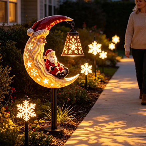 Solar Christmas Stakes - LED Hollow Moon & Santa Figurine Decor, Warm