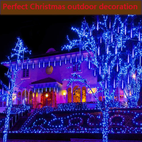 Kwaiffeo Blue Meteor Shower Christmas Lights Outdoor 240LED 10 Tube Waterproof