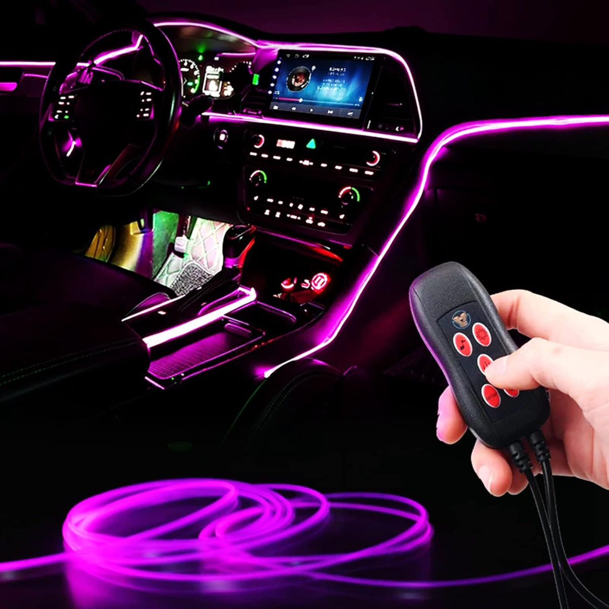 USB Interior Car LED Strip Lights with Music Sync, Multicolor Fiber Optic Ambient Lighting Kit for Dashboard and Console