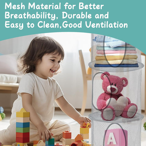 NCOALE 2-Pack 3-Tier Hanging Toy Storage Nets, Grey – Foldable Mesh Teddy Hammocks for Soft Toys, Clothes & Everyday Essentials