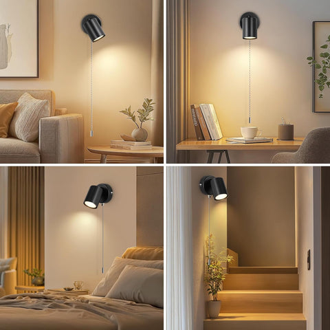 Adjustable Indoor Wall Lamp - GU10 Modern Wall Lights for Living Room - with Pull Cord Switch - Black Wall Spotlight Fixtures - Wall Sconces for Bedroom Bedside Hallway - Bulb Not Included