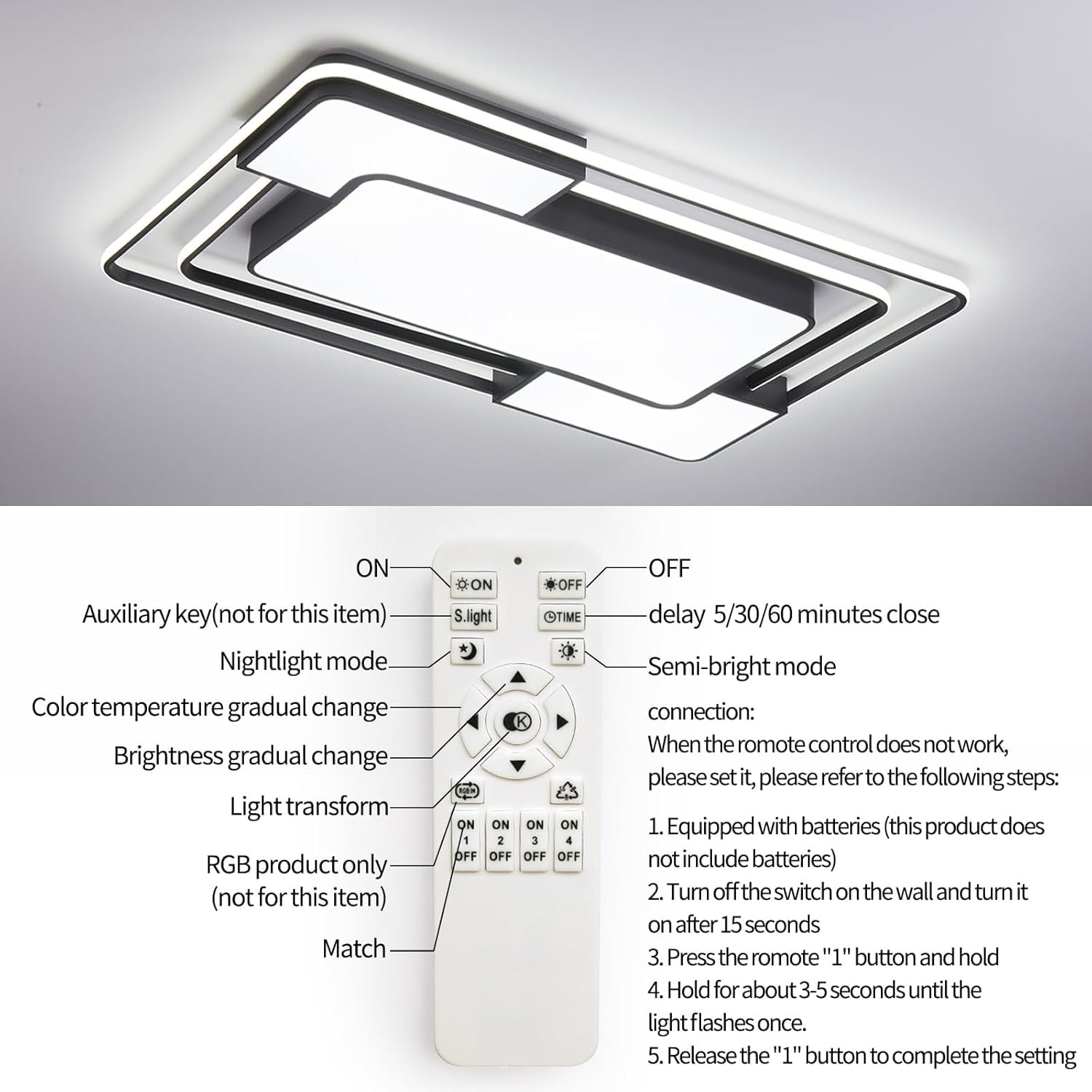 Ceiling light fixture with remote control and label on a white background