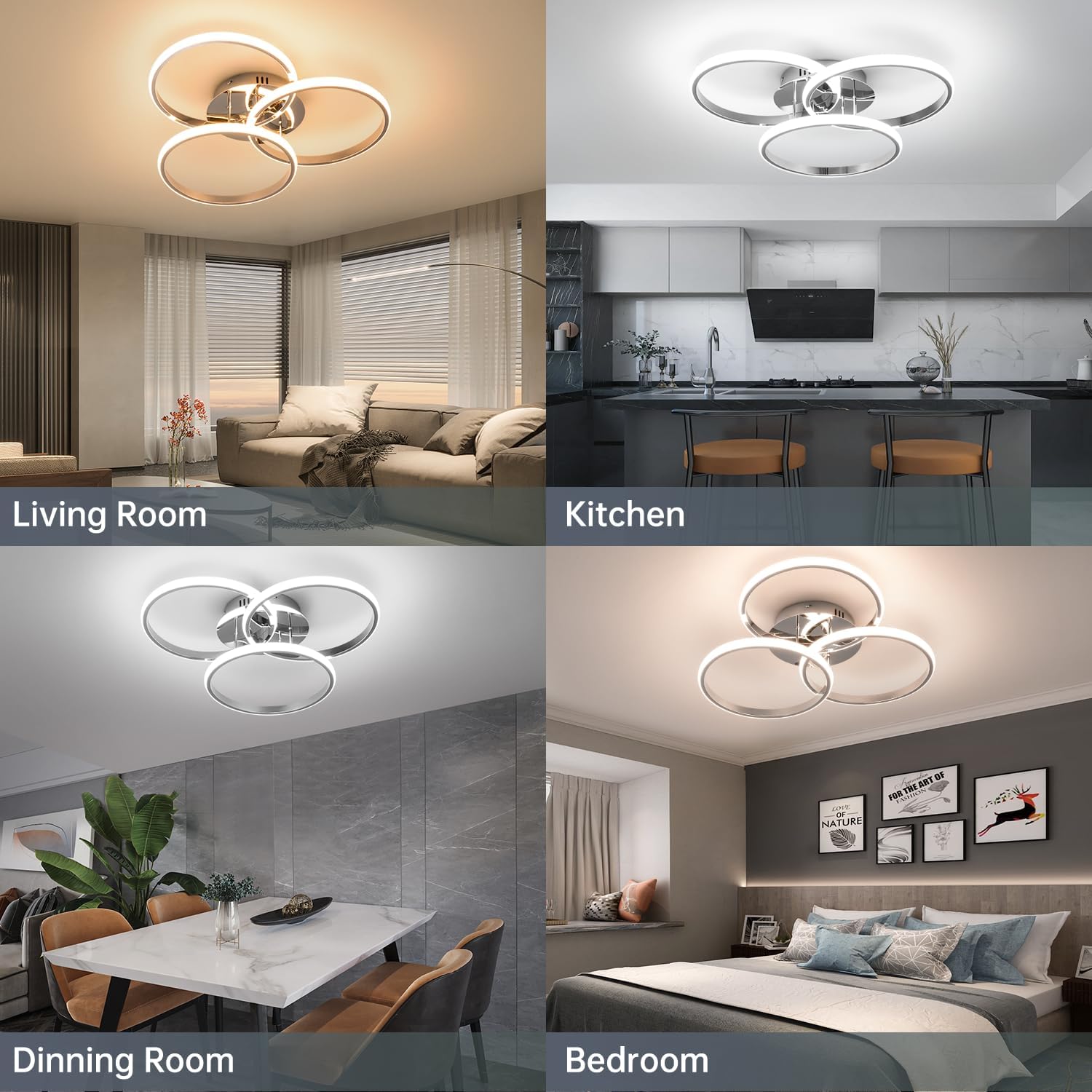 Ceiling light fixture shown in various indoor settings including living room, kitchen, dining room, and bedroom.