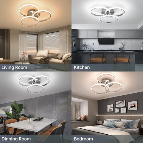 Ceiling light fixture shown in various indoor settings including living room, kitchen, dining room, and bedroom.