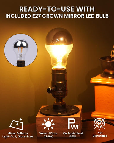 Vintage Industrial Table Lamp with 4W LED E27 Bulb – Wooden Retro Bedside & Desk Lamp with Warm 2700K Light, UK 3-Pin Plug & Inline Switch