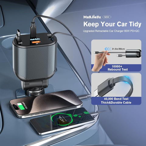 80W Retractable Car Charger Dark Gray – 4-Port Fast USB-C Adapter