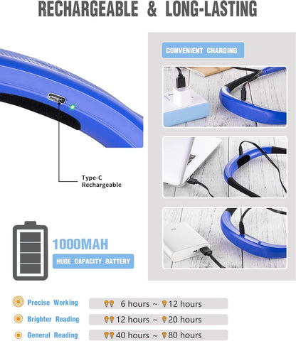 Lake Blue LED Neck Book Light – Hands-Free, USB-C Rechargeable Light with 3 Color Modes, 6 Brightness Levels & Flexible Arms – Ideal for Bedtime Reading, Knitting, Camping & More