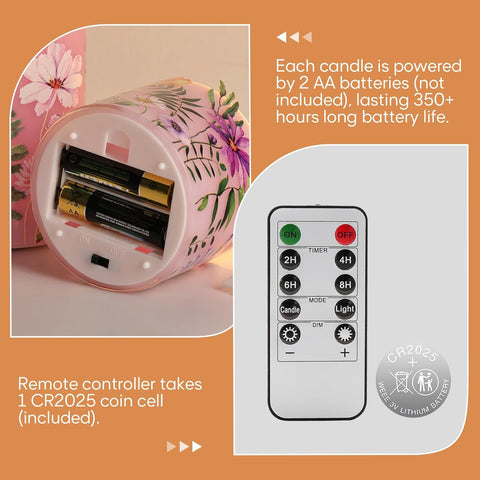 Pink Floral Glass Flameless Candles with Remote & Timer, Flickering Battery Operated LED Pillar Candles Set of 3